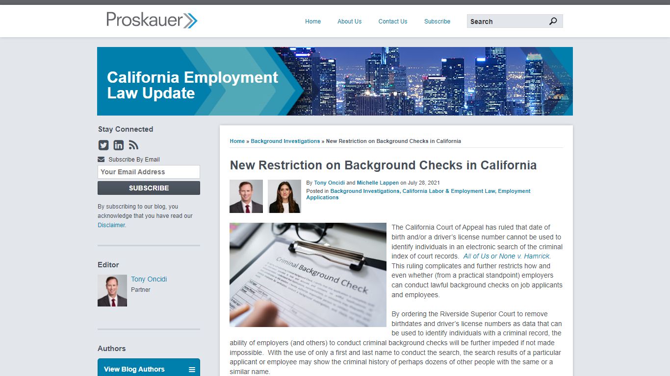 New Restriction on Background Checks in California